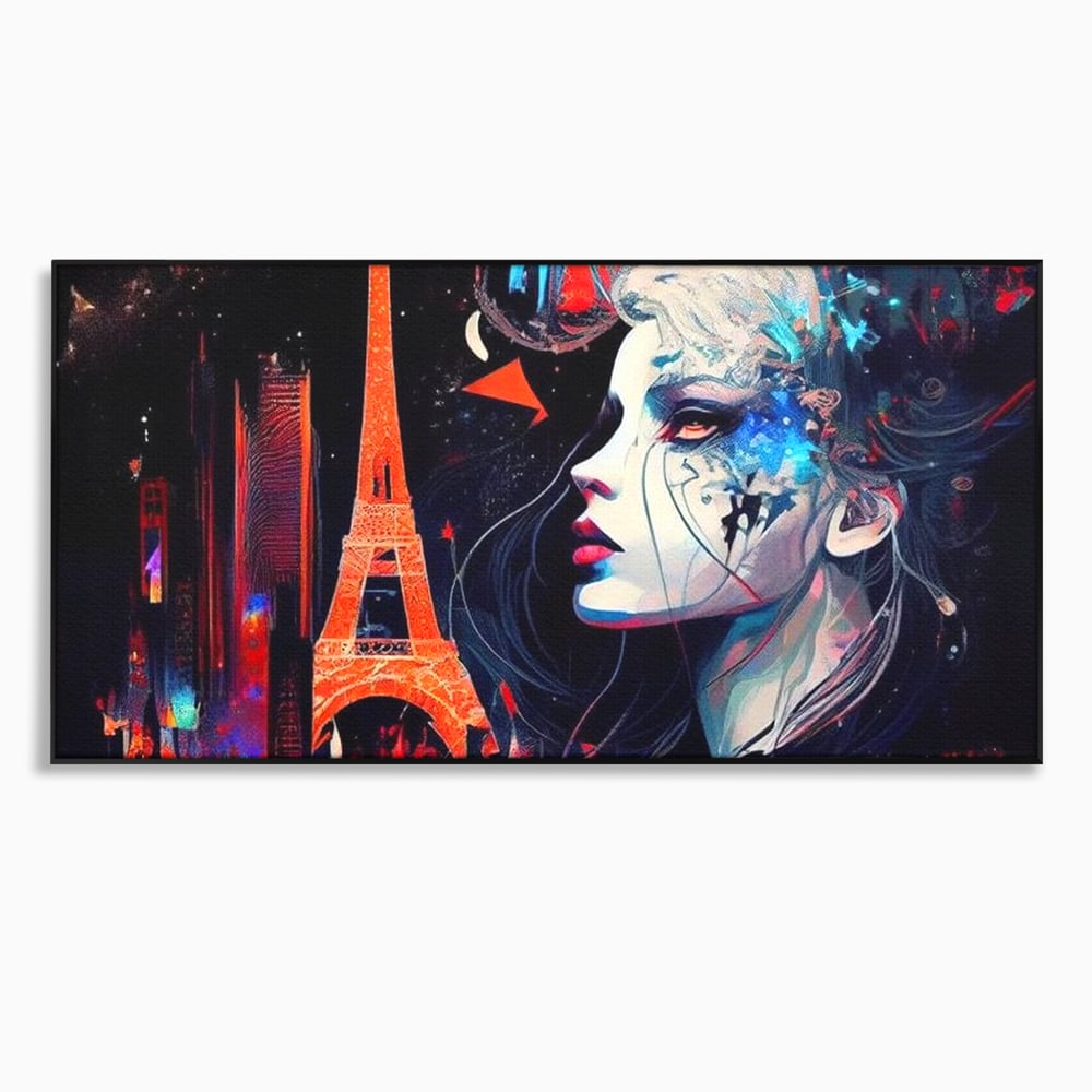 Tablou canvas cu tablou canvas cu femeie si turnul eiffel, in rama de aluminiu negru